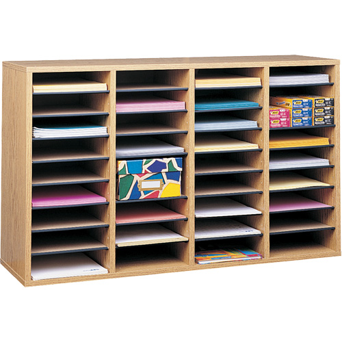 Adjustable Compartment Literature Organizer, Stationary, 36 Slots, Wood, 39-1/4" W x 11-3/4" D x 24" H The Estey Group