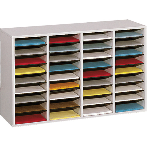 Adjustable Compartment Literature Organizer, Stationary, 36 Slots, Wood, 39-1/4" W x 11-3/4" D x 24" H The Estey Group