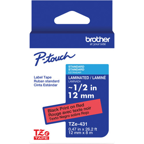 Ruban lamin&eacute; TZe-431 pour &eacute;tiqueteuses P-Touch compatibles avec les rubans TZe, 12 mm x 8 m, Noir/rouge The Estey Group