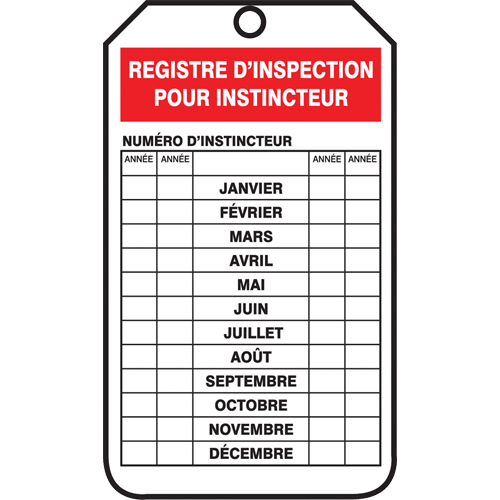 &eacute;tiquettes de s&eacute;curit&eacute; d'inspection et de contr&ocirc;le de l'&eacute;tat de l'&eacute;quipement, Plastique, 3-1/8" la x 5-7/8" h, Français The Estey Group