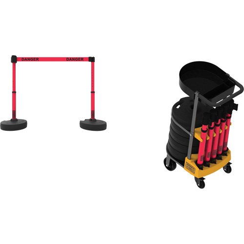 Syst&egrave;me de barri&egrave;re &agrave; chariot portatif avec plateau Plus, 75' lo, M&eacute;tal/Plastique, Rouge The Estey Group