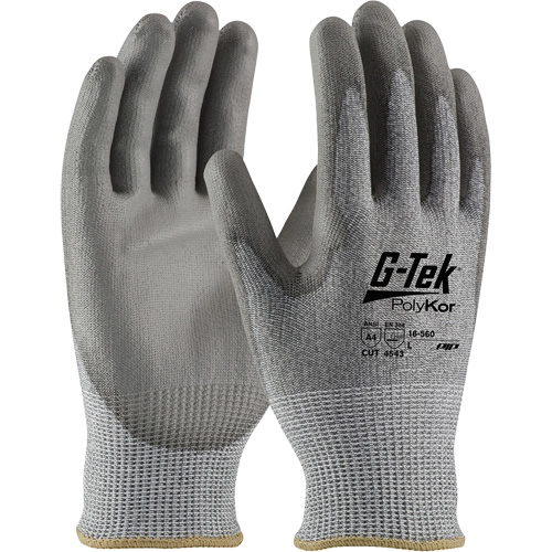 G-Tek&reg; PolyKor&reg; Cut Resistant Gloves, Size Small, 13 Gauge, Polyurethane Coated, Polyethylene Shell, ASTM ANSI Level A4/EN 388 Level 5/EN 388 Level D The Estey Group