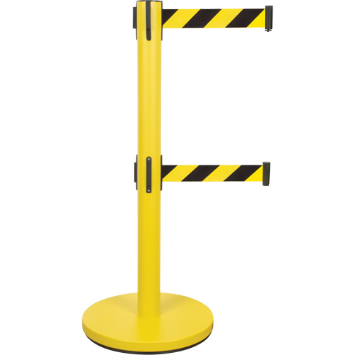 Dual Belt Crowd Control Barrier, Steel, 35" H, Black/Yellow Tape, 7' Tape Length The Estey Group