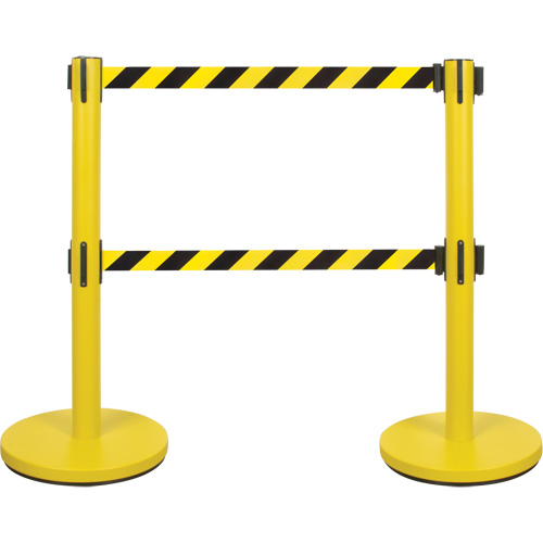 Dual Belt Crowd Control Barrier, Steel, 35" H, Black/Yellow Tape, 7' Tape Length The Estey Group