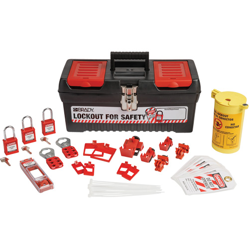 Trousse de cadenassage et d&eacute;tiquetage &eacute;lectrique avec cadenas de s&eacute;curit&eacute; en nylon dans une boîte &agrave; outils, Ensemble &eacute;lectrique, 33 composants compris The Estey Group