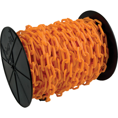 Heavy-Duty Plastic Safety Chain, Orange, 2" Link, 100' Length The Estey Group