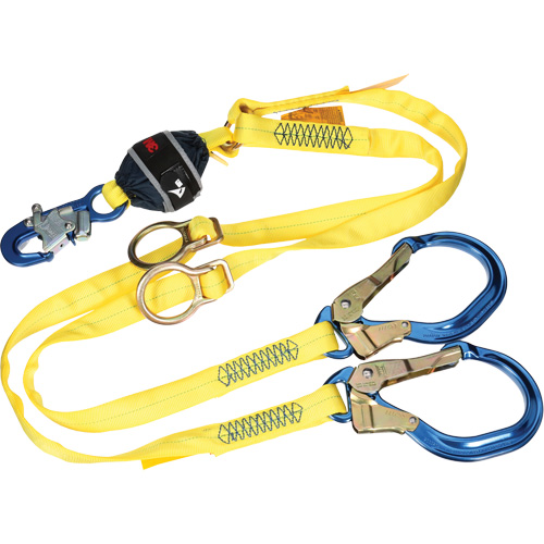 Twin-Leg Tie-Back Web Shock-Absorbing Lanyard, 6', Rebar Hook Center, Snap Hook Leg Ends, Polyester The Estey Group