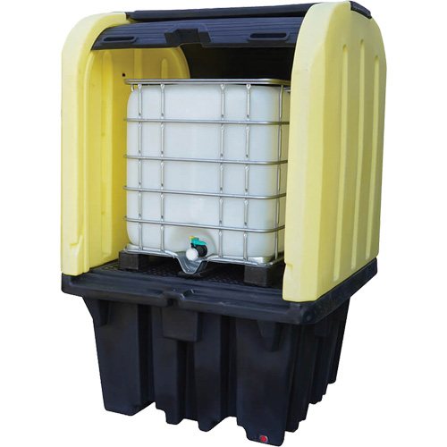 Palette anti-d&eacute;versement jaune &agrave; couvercle rigide roulant avec drain, 65" lo x 65" la x 101" h, Capacit&eacute; de charge 5000 lb The Estey Group