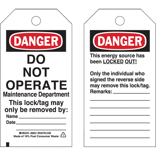 Lockout Tags, Plastic, 3" W x 5-3/4" H, English The Estey Group