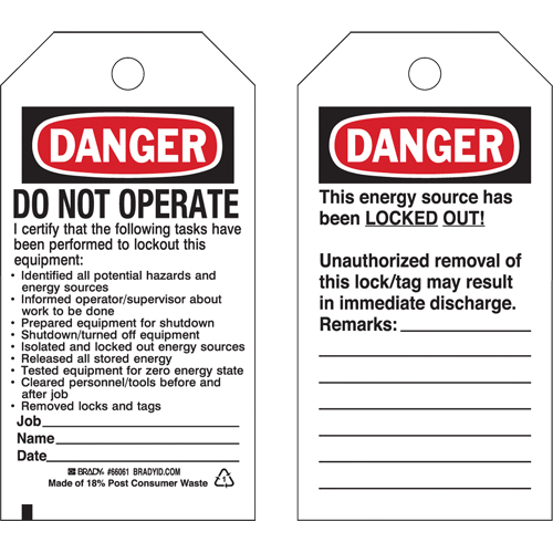 Lockout Tags, Plastic, 3" W x 5-3/4" H, English The Estey Group