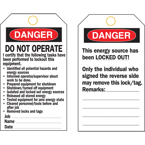 Lockout Tags, Plastic, 3" W x 5-3/4" H, English The Estey Group