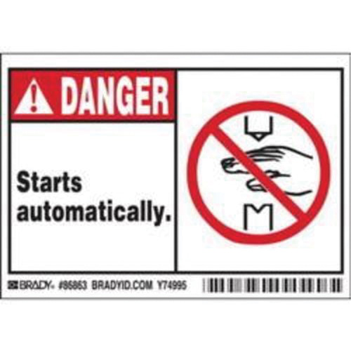 Enseigne Danger Starts Automatically, 3-1/2" x 5", Polyester, Anglais avec pictogramme The Estey Group