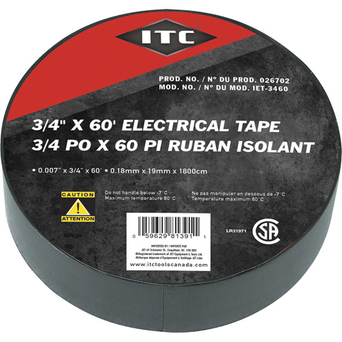 IET-3460 Ruban isolant, Ruban &eacute;lectrique, Rubans isolant, 19 mm (3/4") x 18,28 m (60'), Noir The Estey Group