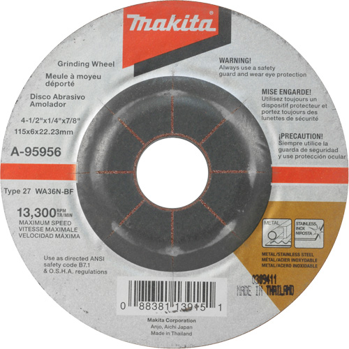 Meule inox, 4-1/2" x 1/4", Arbre 7/8", Oxyde d'aluminium, Type 27 The Estey Group