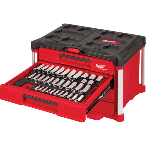 Ensemble de 242 pi&egrave;ces de douilles et cliquets m&eacute;triques et SAE 1/4", 3/8" et 1/2" avec boîte &agrave; outils PACKOUT &agrave; 4 tiroirs, 16-3/10" x 22-1/5" x 14-3/10", Noir/Rouge The Estey Group