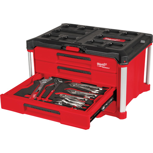 64-Piece Hand Tool Set with PACKOUT 4 Drawer Tool Box, 16-3/10" x 22-1/5" x 14-3/10", Black/Red The Estey Group