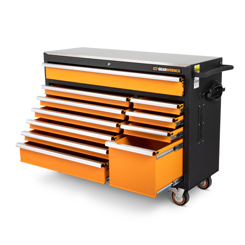 Armoire &agrave; outils roulante avec dessus de travail en acier inoxydable, 11 tiroirs, 52" la x 18" p x 36" h, Noir/Orange The Estey Group