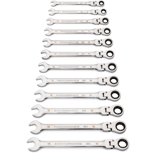 Jeu de cl&eacute;s &agrave; 12 pans et 90 dents, T&ecirc;te articul&eacute;e/Combinaison &agrave; cliquet, 12 morceaux, M&eacute;trique The Estey Group