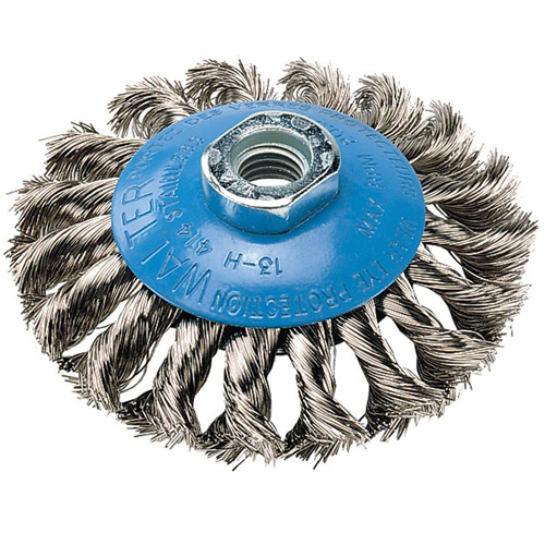 Brosse concave &agrave; fils nou&eacute;s torsad&eacute;s, Dia. 7", Fils 0,02", Arbre 5/8"-11, Aluminium/Acier inoxydable The Estey Group