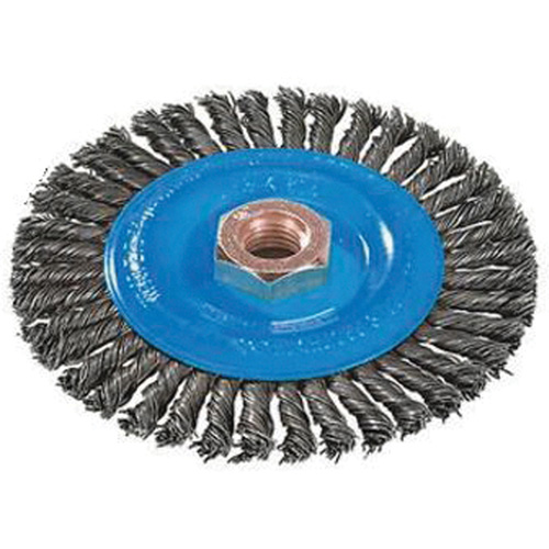 Brosse &agrave; fils nou&eacute;s pour cordons de soudure, Dia. 4", Fils 0,02", Arbre 5/8"-11, Aluminium/Acier inoxydable The Estey Group