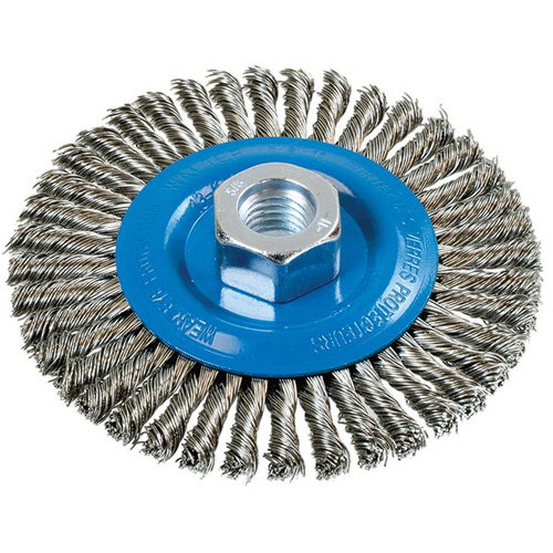 Brosse &agrave; fils nou&eacute;s pour cordons de soudure, Dia. 4-1/2", Fils 0,02", Arbre 5/8"-11, Aluminium/Acier inoxydable The Estey Group