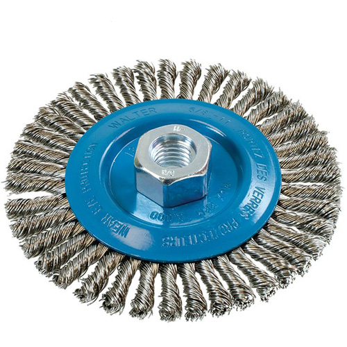 Brosse &agrave; fils &eacute;troits nou&eacute;s et torsad&eacute;s, Dia. 5", Fils 0,02", Arbre 5/8"-11, Aluminium/Acier inoxydable The Estey Group