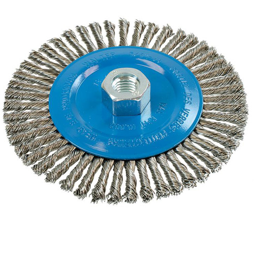 Brosse &agrave; fils &eacute;troits nou&eacute;s et torsad&eacute;s, Dia. 6", Fils 0,02", Arbre 5/8"-11, Aluminium/Acier inoxydable The Estey Group