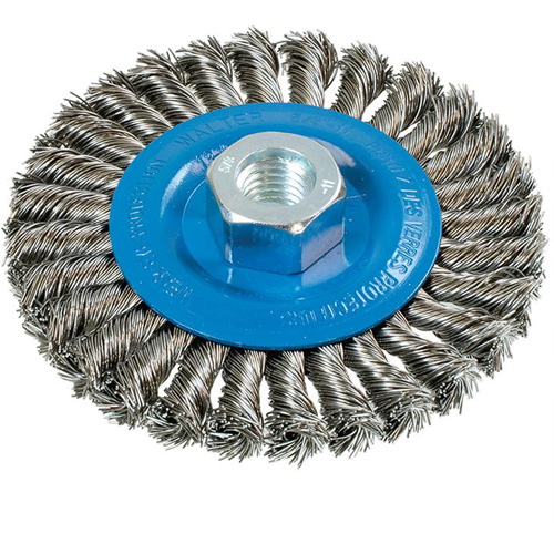 Brosse rotative &agrave; fils nou&eacute;s large, Dia. 4-1/2", Fils 0,02", Arbre 5/8"-11, Aluminium/Acier inoxydable The Estey Group