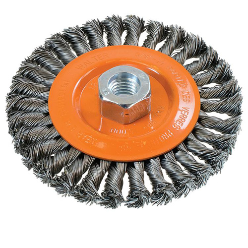 Brosse rotative &agrave; fils nou&eacute;s large, Dia. 5", Fils 0,02", Arbre 5/8"-11, Acier The Estey Group