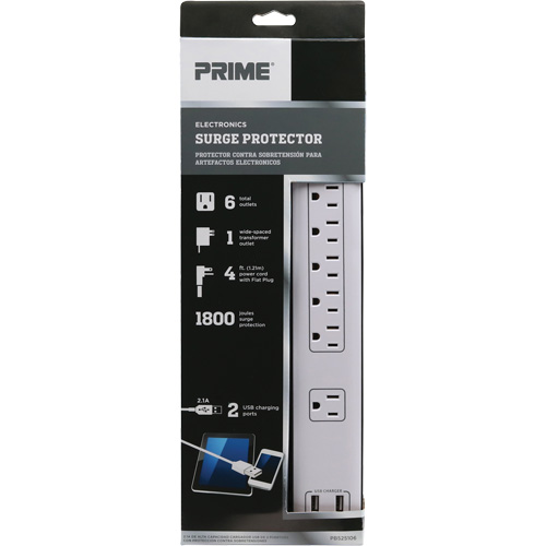 Limiteurs de surtension avec chargeur USB, 6 Prises, 1800 J, 1875 W, Cordon 4' The Estey Group
