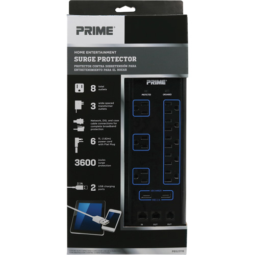 Limiteurs de surtension avec chargeur USB, 8 Prises, 3600 J, 1875 W, Cordon 6' The Estey Group