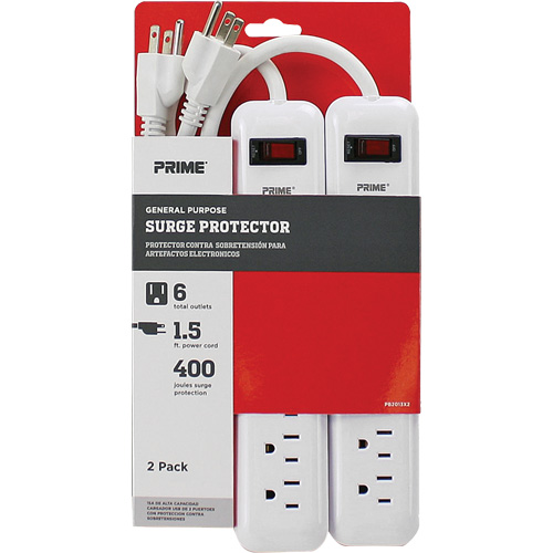 Barre multiprise limiteur de surtension, paquet de 2, 6 Prises, 400 J, 1875 W, Cordon 1,5' The Estey Group
