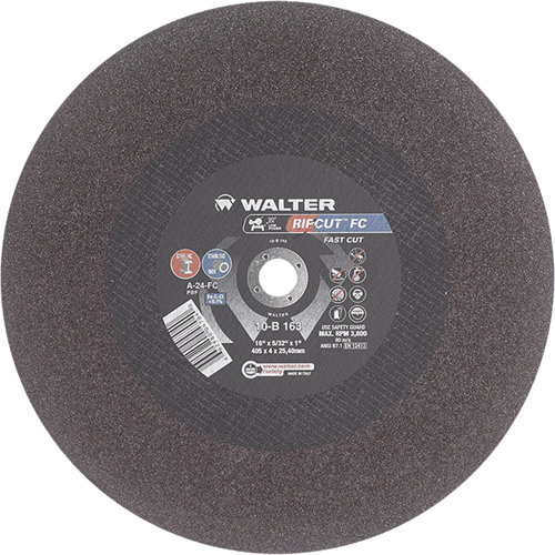 Ripcut Stainless Steel & Steel Cut-Off Wheel for Stationary Saws, 16" x 5/32", 1" Arbor, Type 1, Aluminum Oxide, 3800 RPM The Estey Group