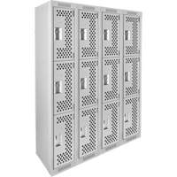Clean Line Lockers, 3 -tier, Bank of 4, 48" x 12" x 72", Steel, Grey, Rivet (Assembled), Perforated The Estey Group
