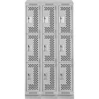 Clean Line Lockers, 3 -tier, Bank of 3, 36" x 18" x 82", Steel, Grey, Rivet (Assembled), Perforated The Estey Group