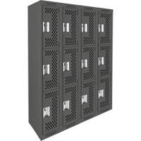 Clean Line Lockers, 3 -tier, Bank of 4, 48" x 12" x 72", Steel, Charcoal, Rivet (Assembled), Perforated The Estey Group