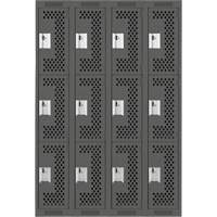 Clean Line Lockers, 3 -tier, Bank of 4, 48" x 12" x 72", Steel, Charcoal, Rivet (Assembled), Perforated The Estey Group