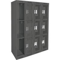 Clean Line Lockers, 3 -tier, Bank of 4, 48" x 12" x 72", Steel, Charcoal, Rivet (Assembled), Perforated The Estey Group