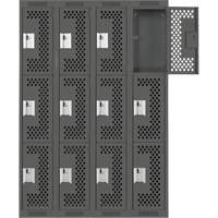 Clean Line Lockers, 3 -tier, Bank of 4, 48" x 12" x 72", Steel, Charcoal, Rivet (Assembled), Perforated The Estey Group