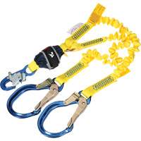 Twin-Leg Stretch Web Shock-Absorbing Lanyard, 6', Rebar Hook Center, Snap Hook Leg Ends The Estey Group